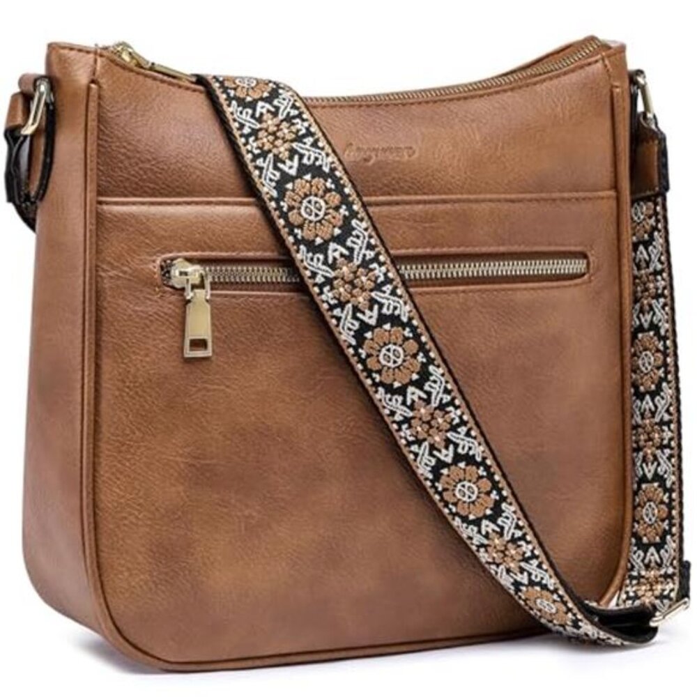 Womens Brown Vegan Leather Crossbody Bag Wide Strap Lightweight Purse
